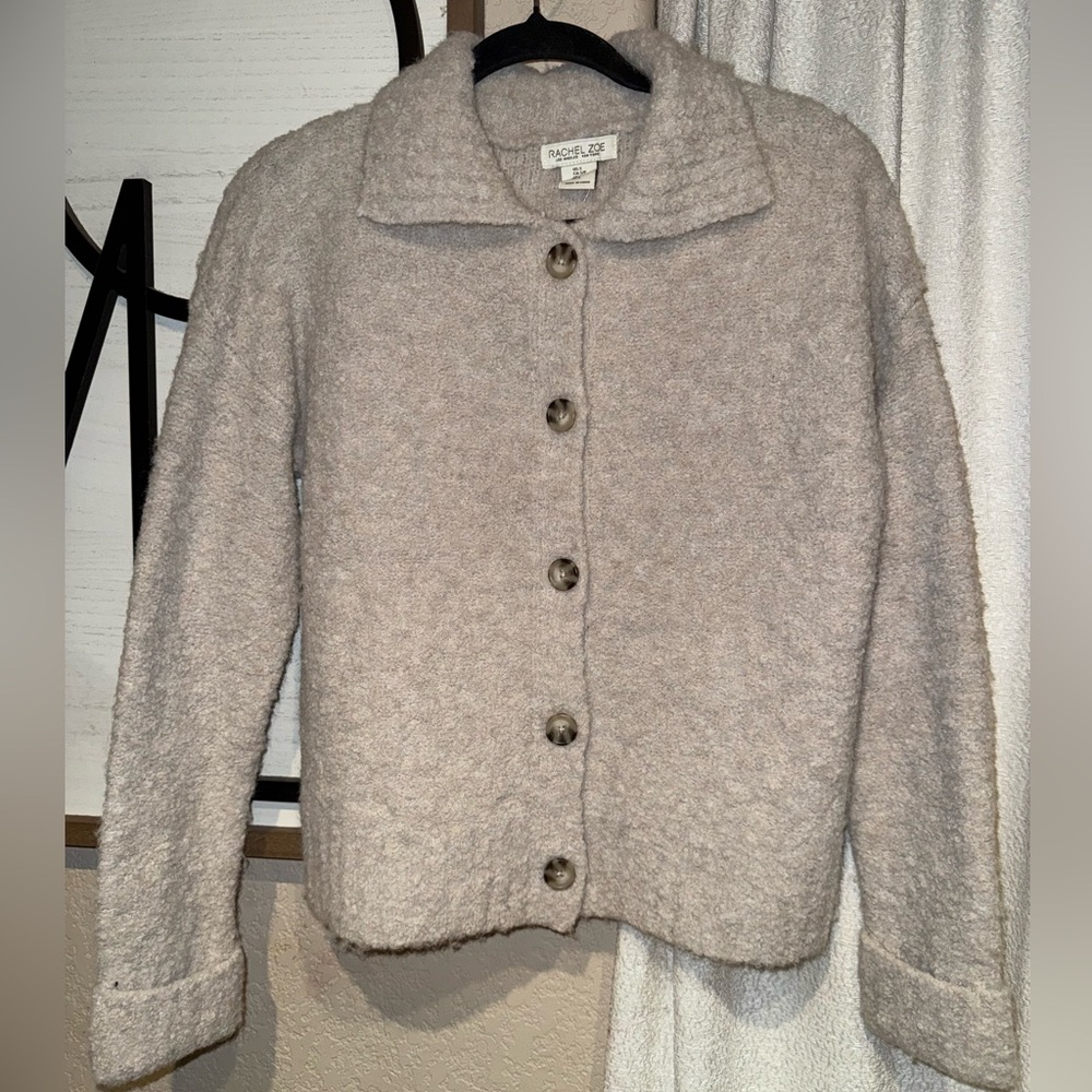 Rachel Zoe Women Long Sleeve Collar Button Fuzzy Knit Cardigan Size S Beige